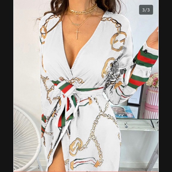 Long Sleeve Chain Baroque Print Dress 